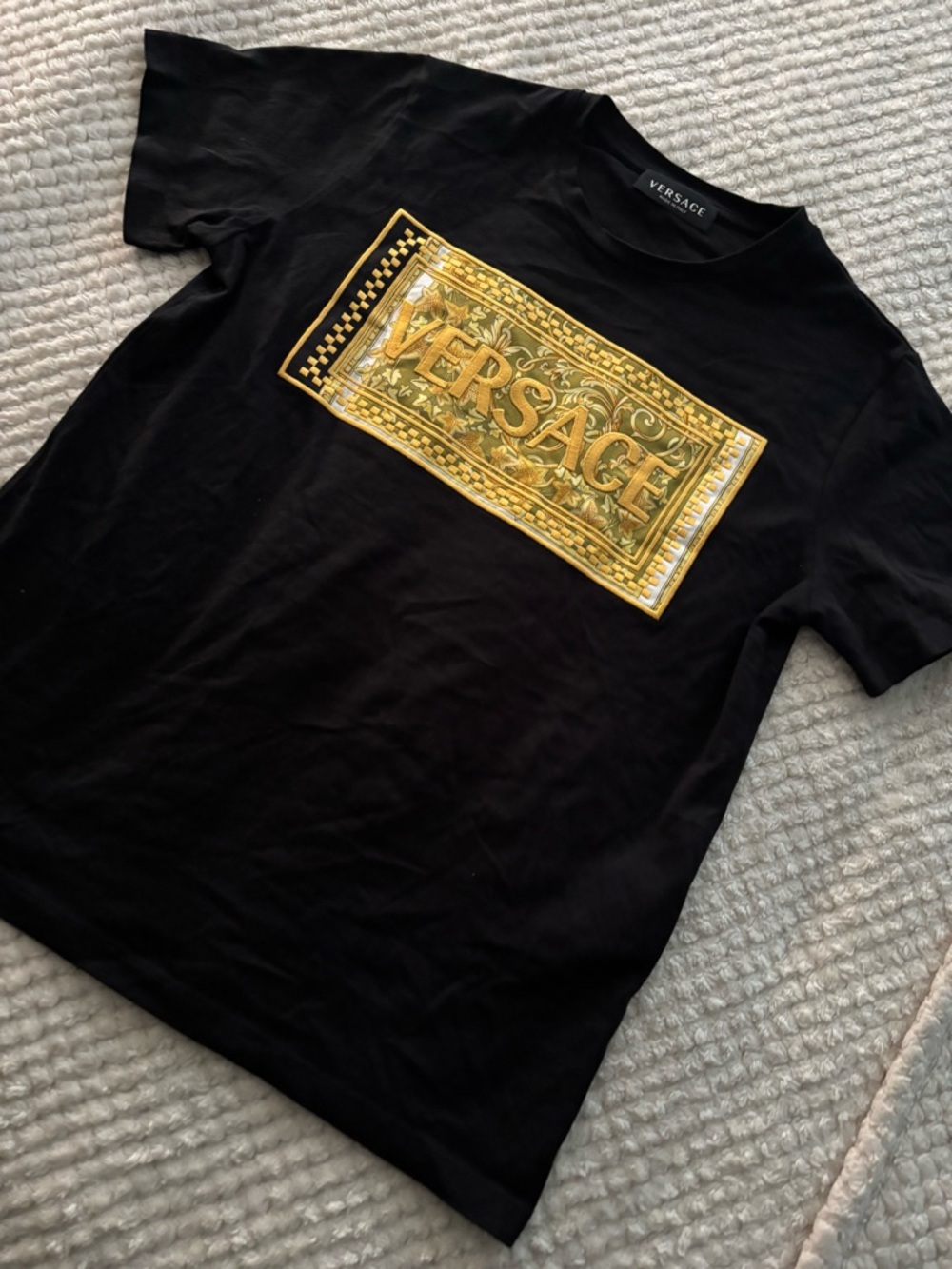 Versace Black Tee with Gold Baroque Logo Panel